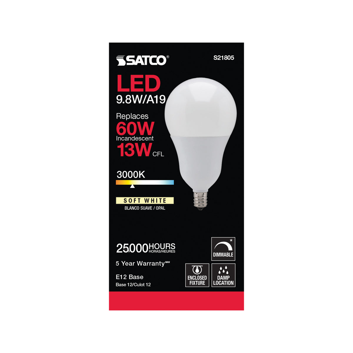 9.8 Watt - A19 LED - 3000K - Candelabra base - 220 deg. Beam Angle - 120 Volt