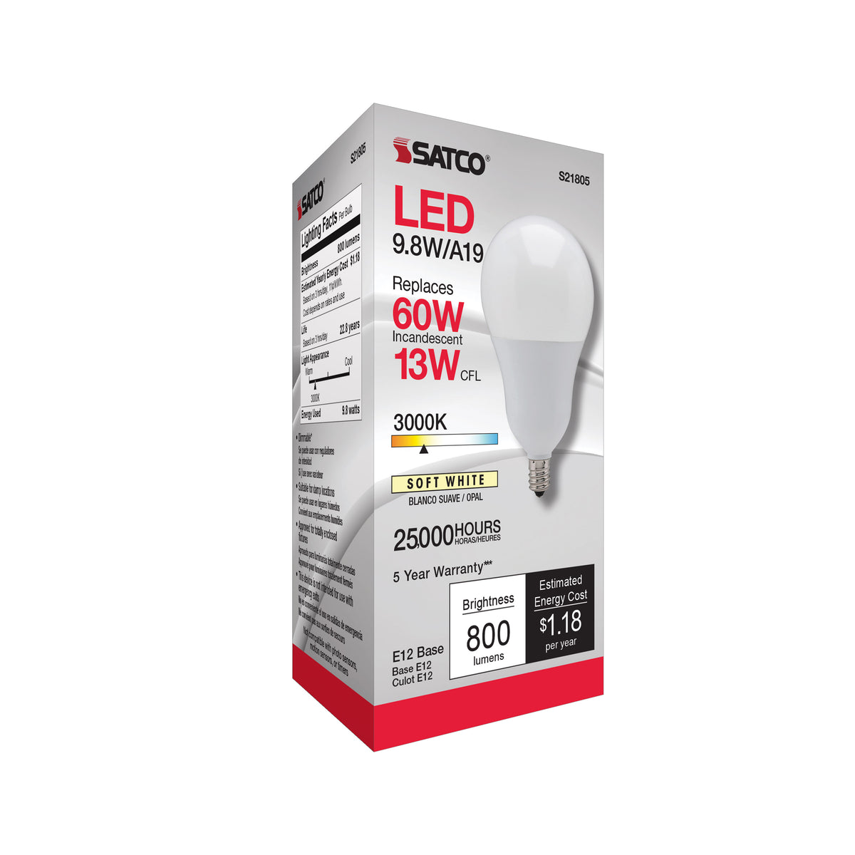 9.8 Watt - A19 LED - 3000K - Candelabra base - 220 deg. Beam Angle - 120 Volt