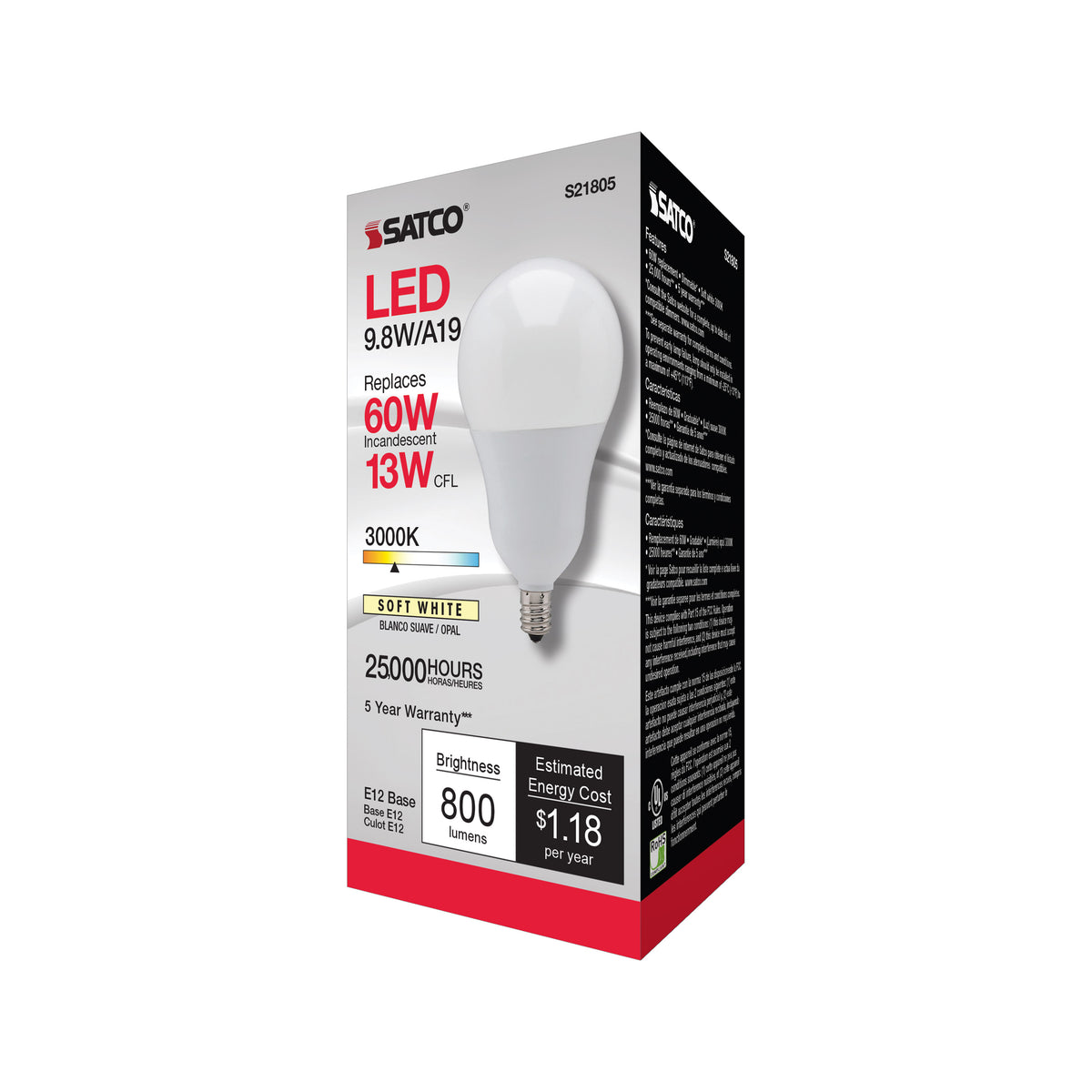 9.8 Watt - A19 LED - 3000K - Candelabra base - 220 deg. Beam Angle - 120 Volt