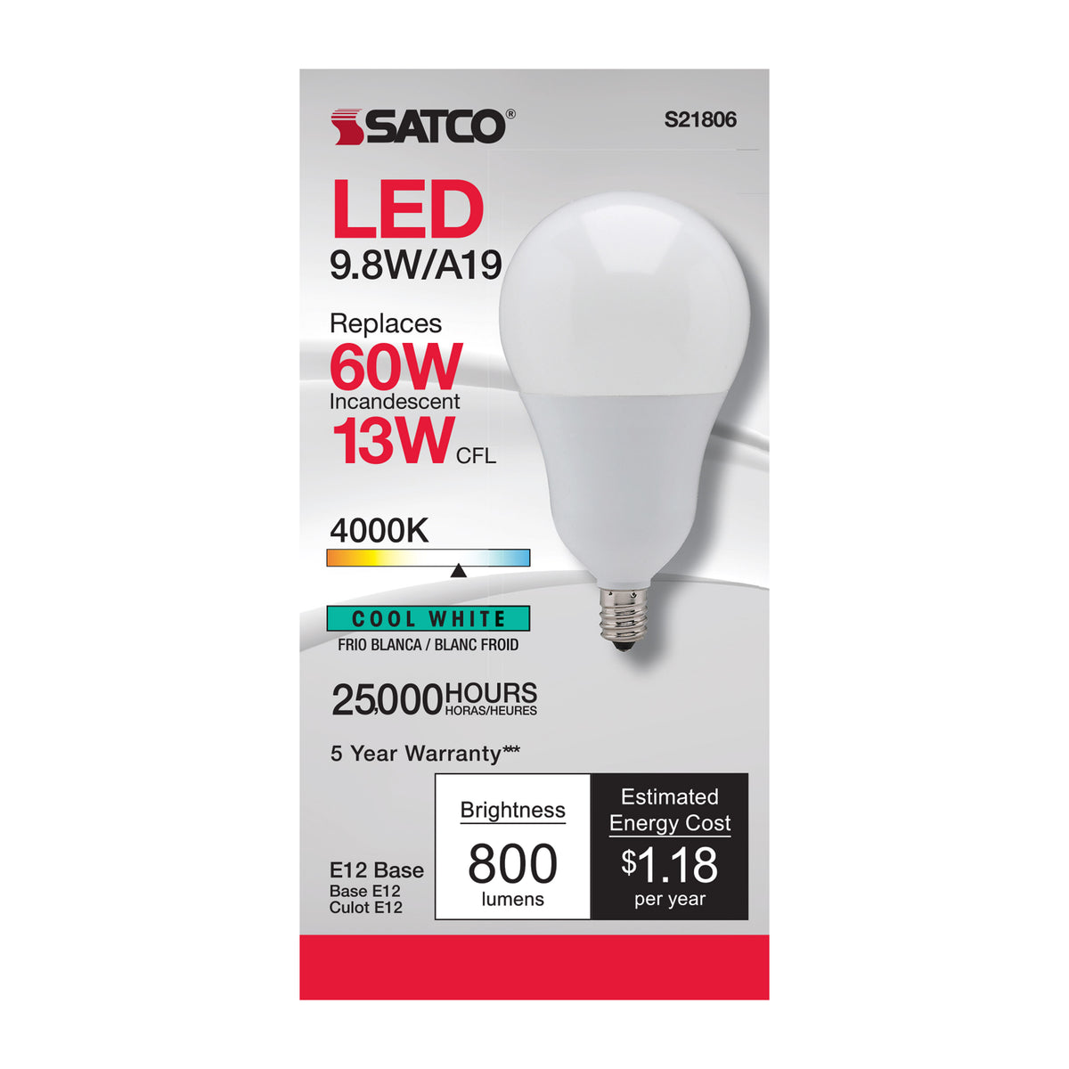 9.8 Watt - A19 LED - 4000K - Candelabra base - 220 deg. Beam Angle - 120 Volt