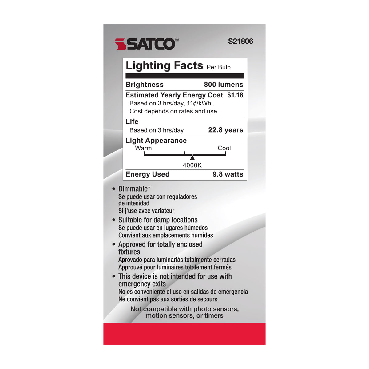 9.8 Watt - A19 LED - 4000K - Candelabra base - 220 deg. Beam Angle - 120 Volt