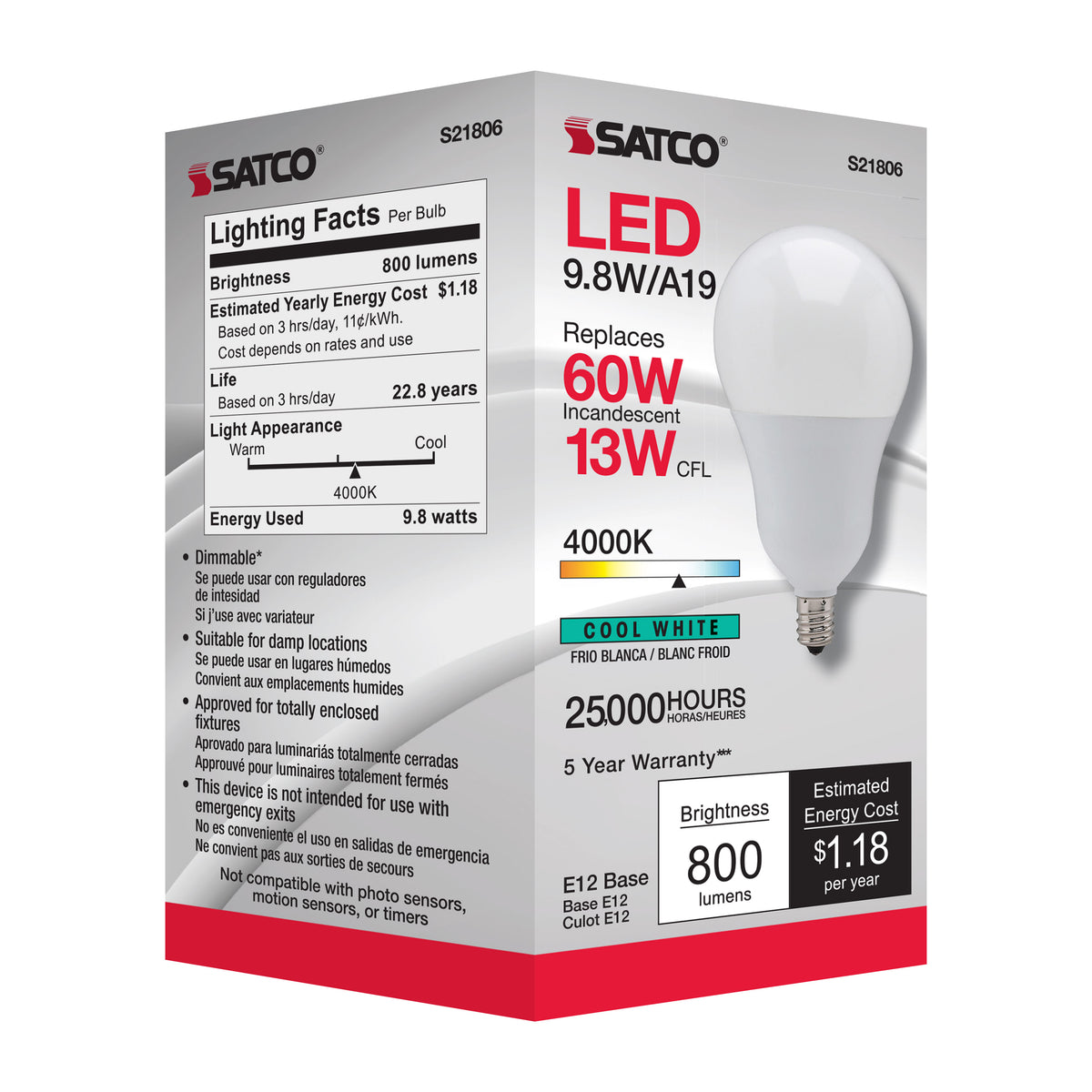 9.8 Watt - A19 LED - 4000K - Candelabra base - 220 deg. Beam Angle - 120 Volt