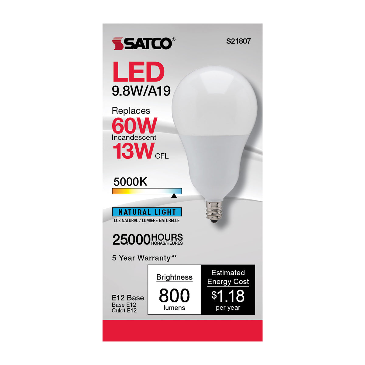 9.8 Watt - A19 LED - 5000K - Candelabra base - 220 deg. Beam Angle - 120 Volt