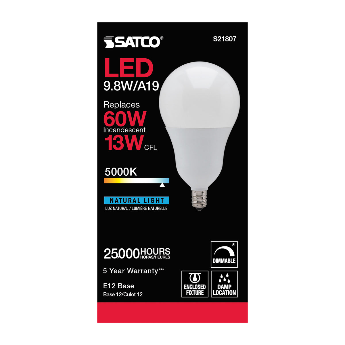 9.8 Watt - A19 LED - 5000K - Candelabra base - 220 deg. Beam Angle - 120 Volt