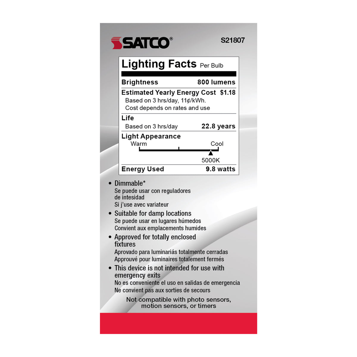 9.8 Watt - A19 LED - 5000K - Candelabra base - 220 deg. Beam Angle - 120 Volt