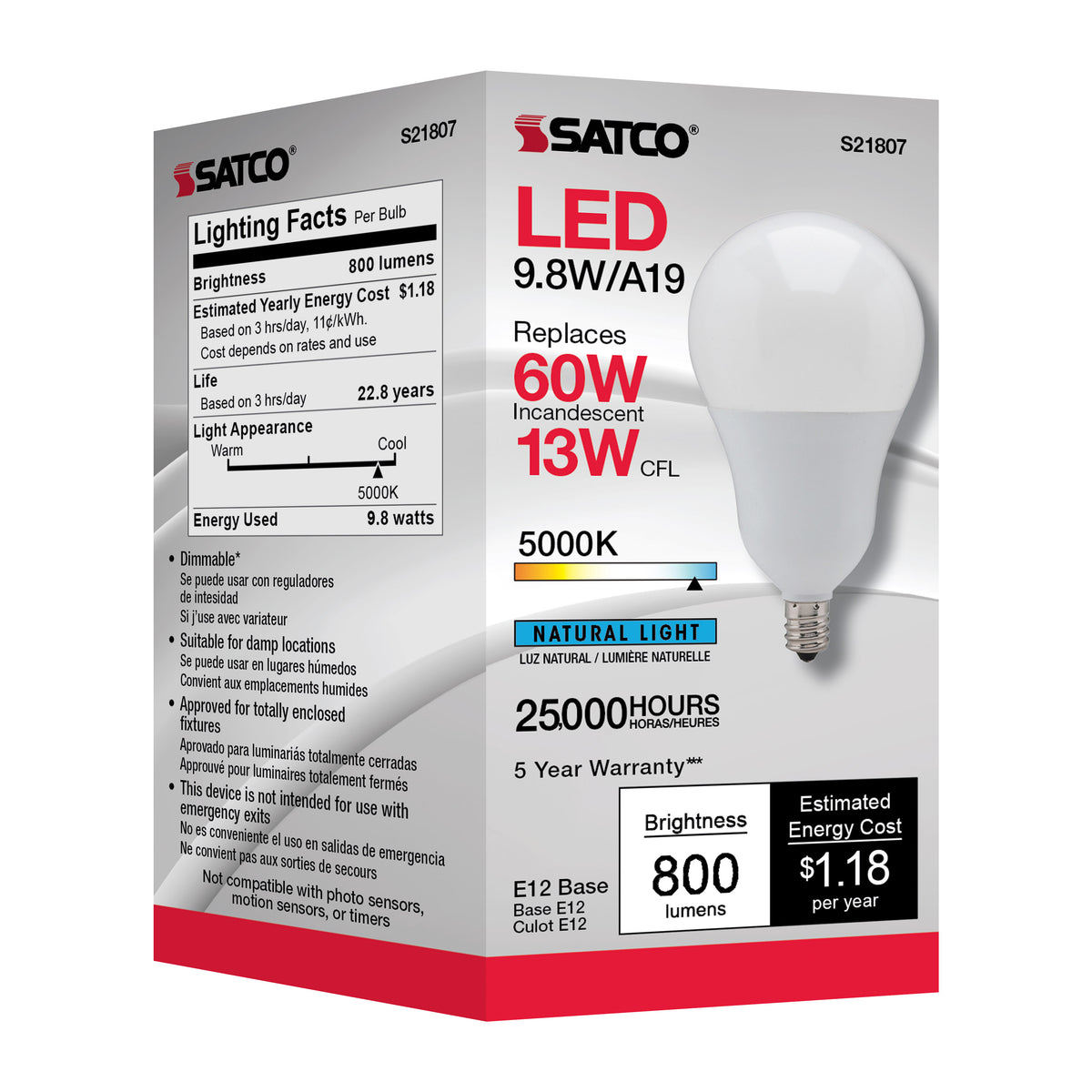 9.8 Watt - A19 LED - 5000K - Candelabra base - 220 deg. Beam Angle - 120 Volt