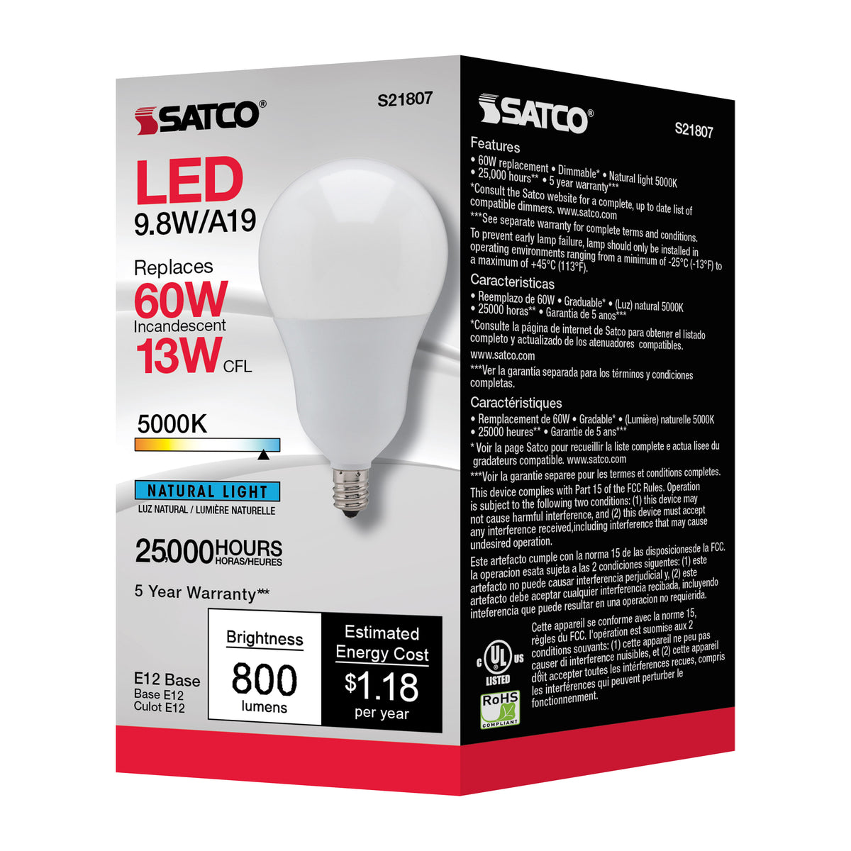 9.8 Watt - A19 LED - 5000K - Candelabra base - 220 deg. Beam Angle - 120 Volt