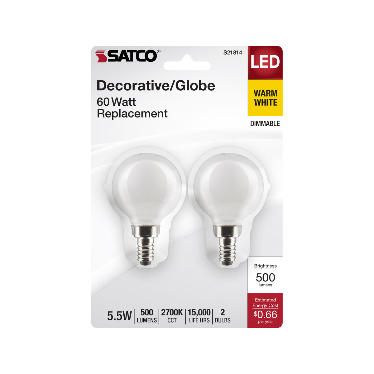 5.5 Watt G16.5 LED Filament - White - Candelabra Base - 2700K - 500 Lumens - 120 Volt - 2-Pack