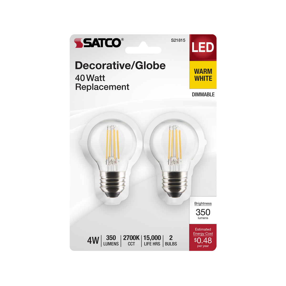 4 Watt G16.5 LED Filament - Clear - Medium Base - 2700K - 350 Lumens - 120 Volt - 2-Pack