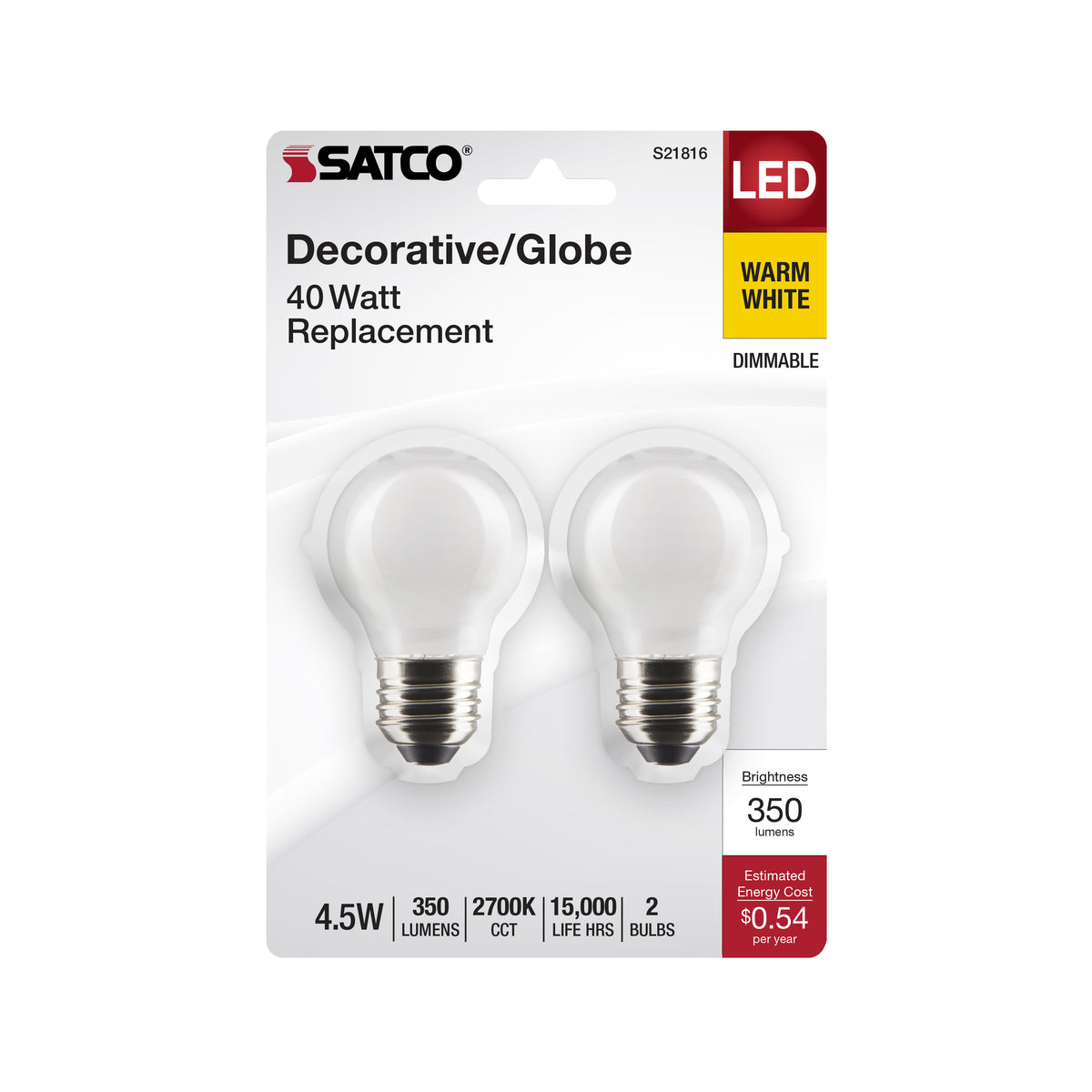 4.5 Watt G16.5 LED Filament - White - Medium Base - 2700K - 350 Lumens - 120 Volt - 2-Pack