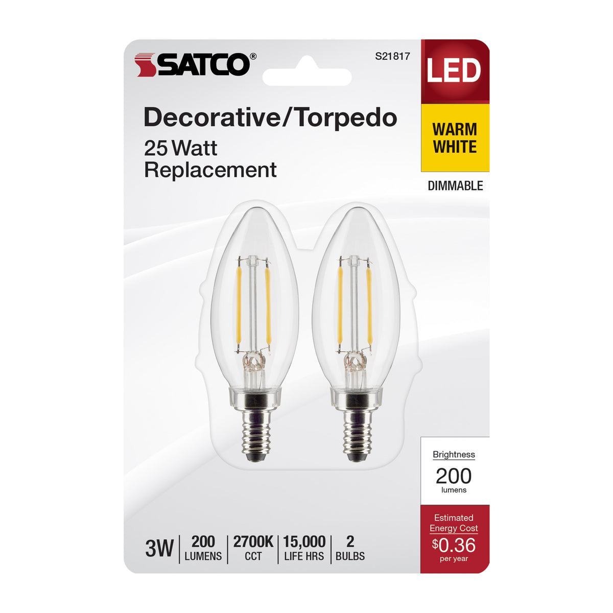 3 Watt B11 LED Filament - Clear - Candelabra Base - 2700K - 200 Lumens - 120 Volt - 2-Pack
