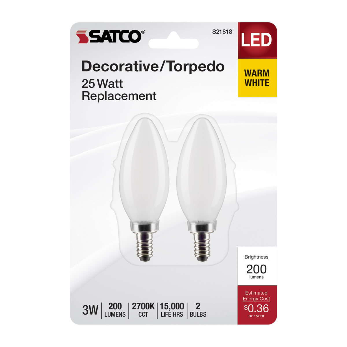 3 Watt B11 LED Filament - Frosted - Candelabra Base - 2700K - 200 Lumens - 120 Volt - 2-Pack