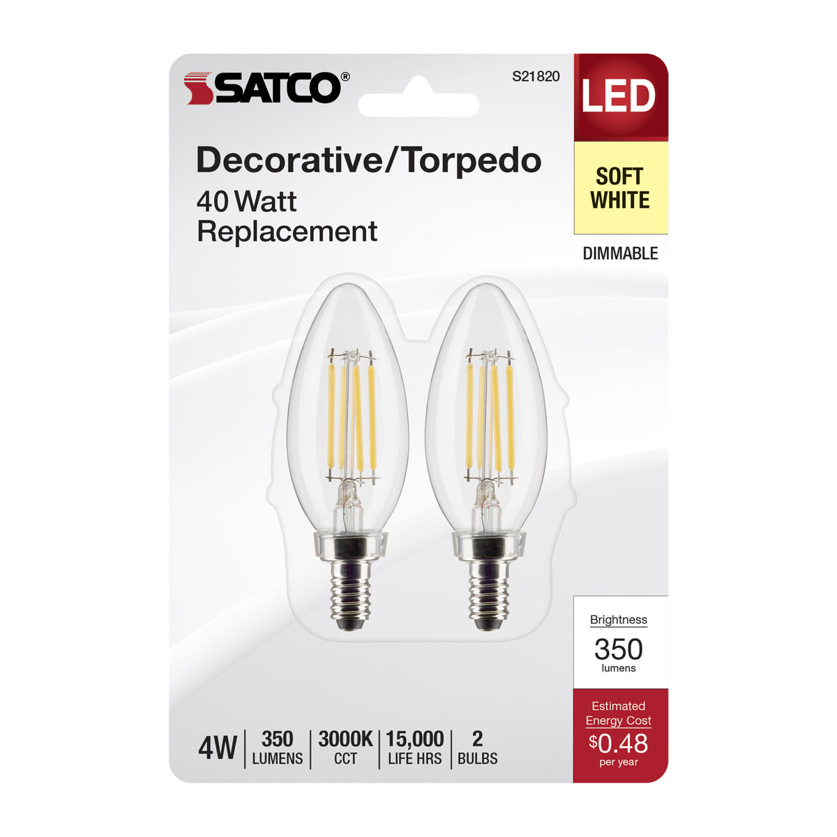 4 Watt B11 LED Filament - Clear - Candelabra Base - 3000K - 350 Lumens - 120 Volt - 2-Pack