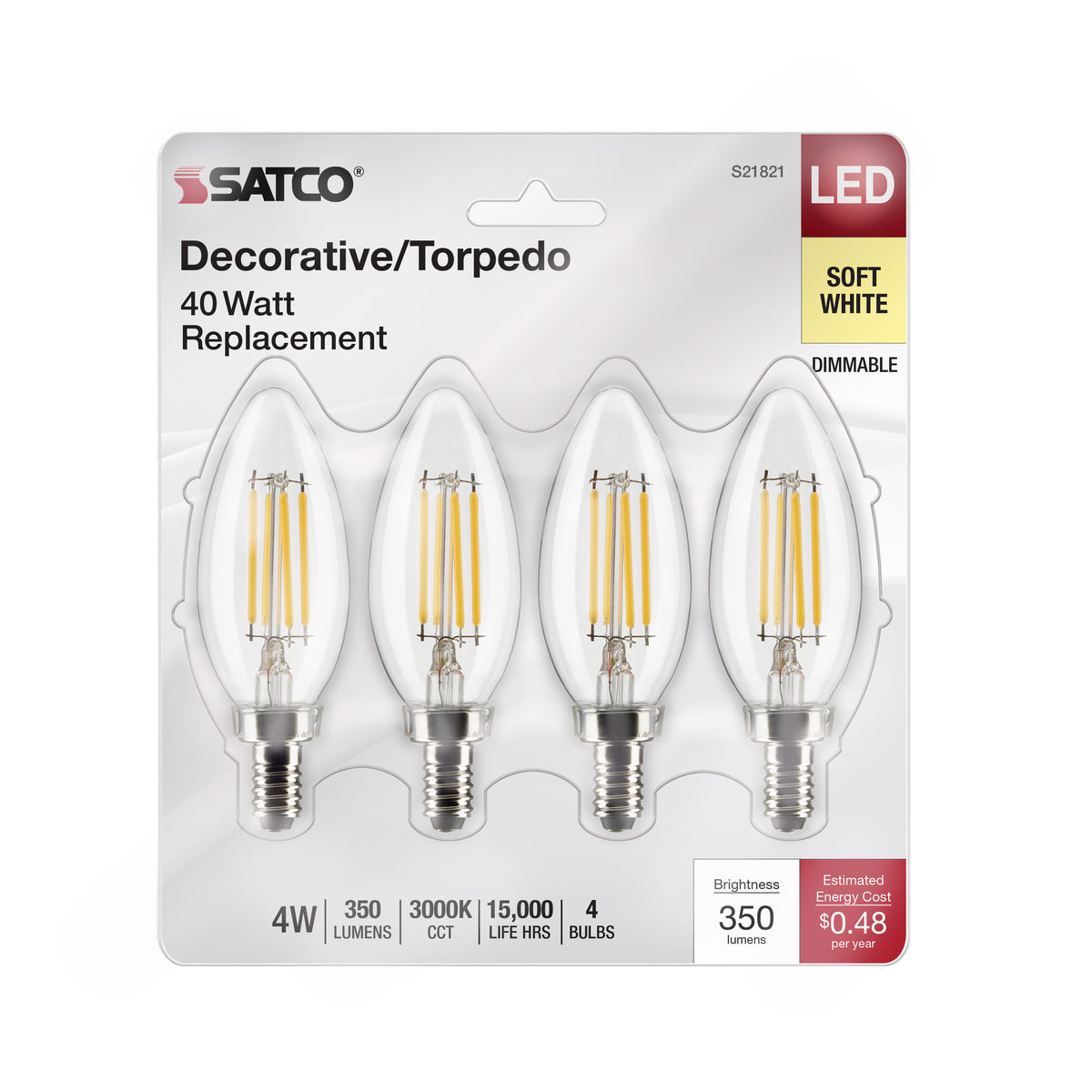 4 Watt B11 LED Filament - Clear - Candelabra Base - 3000K - 350 Lumens - 120 Volt - 4-Pack