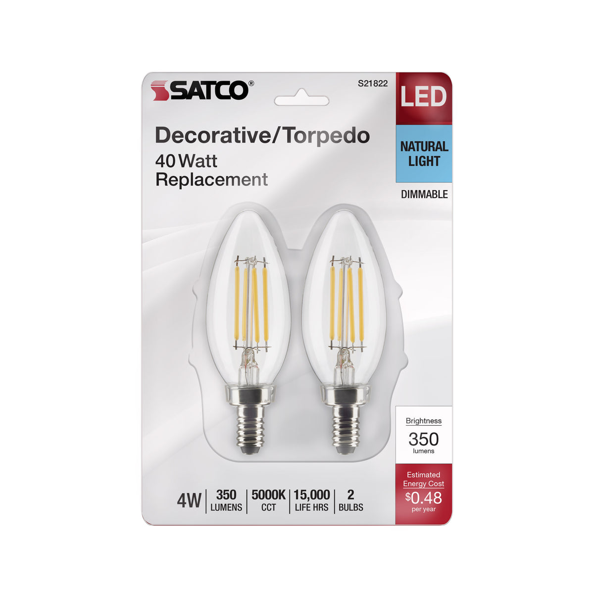 4 Watt B11 LED Filament - Clear - Candelabra Base - 5000K - 350 Lumens - 120 Volt - 2-Pack
