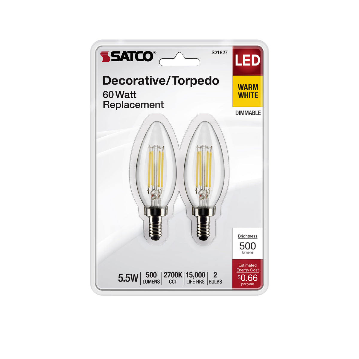 5.5 Watt B11 LED Filament - Clear - Candelabra Base - 2700K - 500 Lumens - 120 Volt - 2-Pack