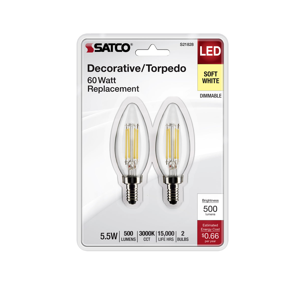 5.5 Watt B11 LED Filament - Clear - Candelabra Base - 3000K - 500 Lumens - 120 Volt - 2-Pack