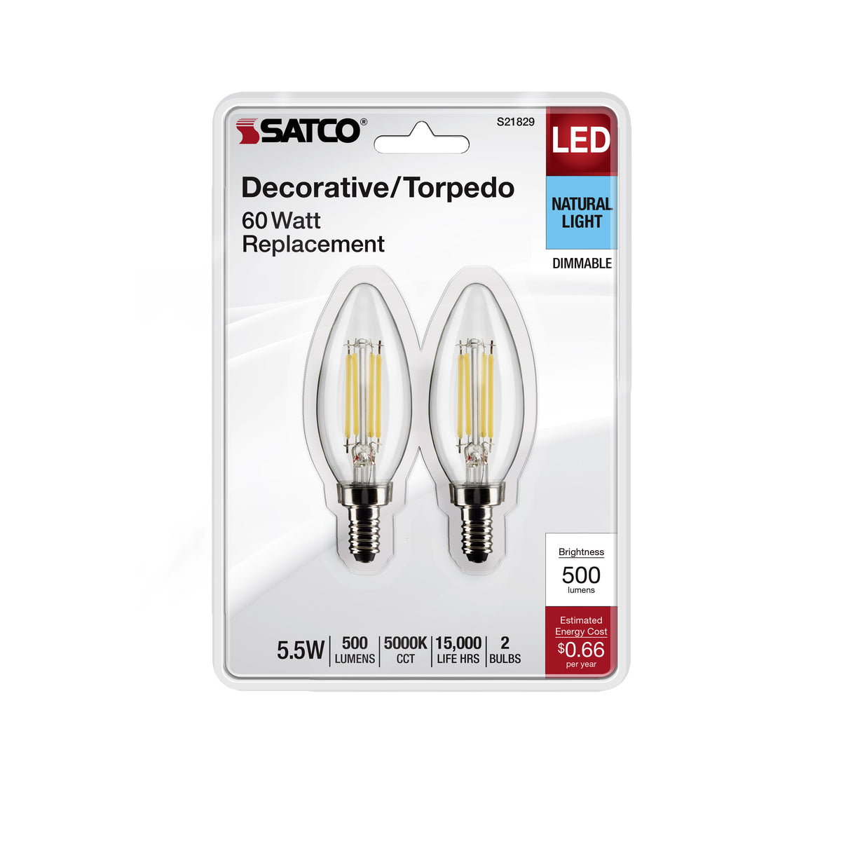 5.5 Watt B11 LED Filament - Clear - Candelabra Base - 5000K - 500 Lumens - 120 Volt - 2-Pack