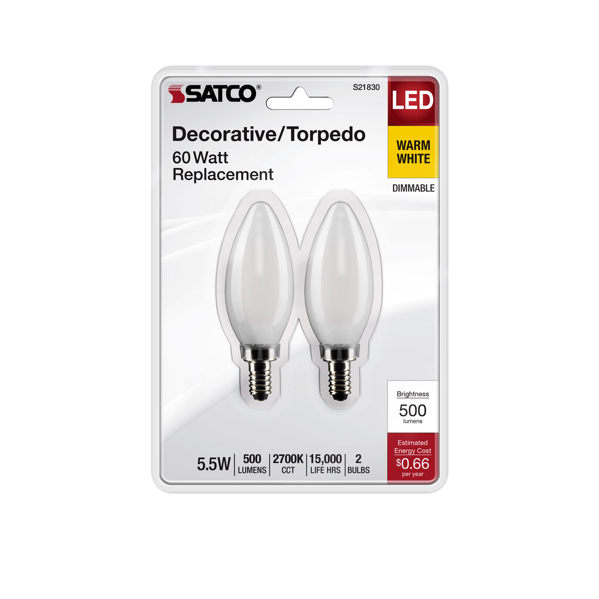 5.5 Watt B11 LED Filament - Frosted - Candelabra Base - 2700K - 500 Lumens - 120 Volt - 2-Pack