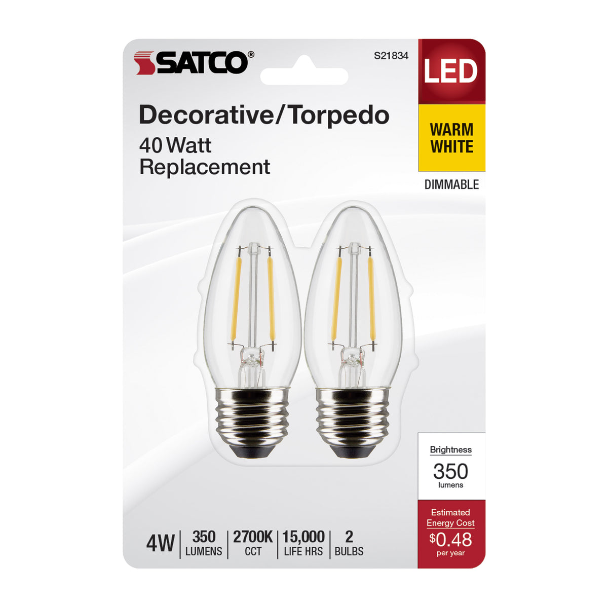 4 Watt B11 LED Filament - Clear - Medium Base - 2700K - 350 Lumens - 120 Volt - 2-Pack