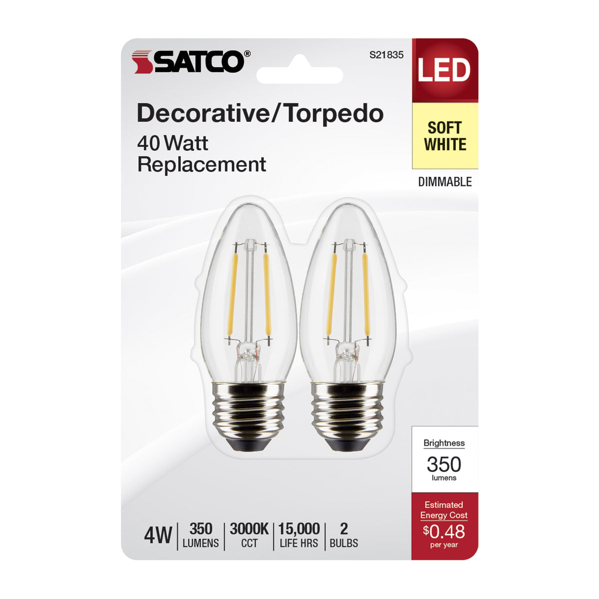 4 Watt B11 LED Filament - Clear - Medium Base - 3000K - 350 Lumens - 120 Volt - 2-Pack