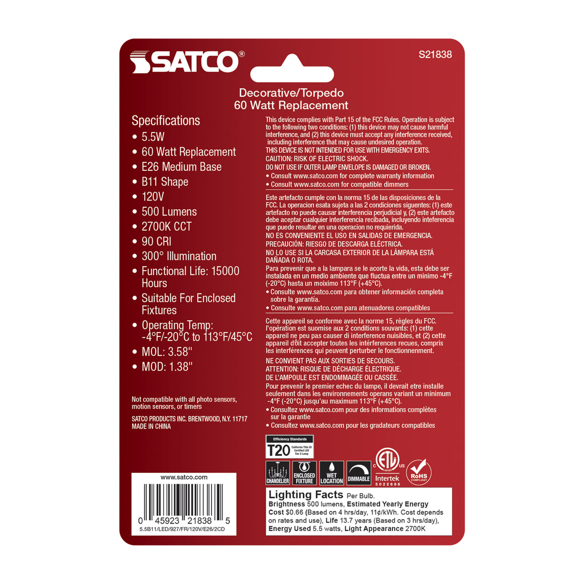 5.5 Watt B11 LED Filament - Frosted - Medium Base - 2700K - 500 Lumens - 120 Volt - 2-Pack