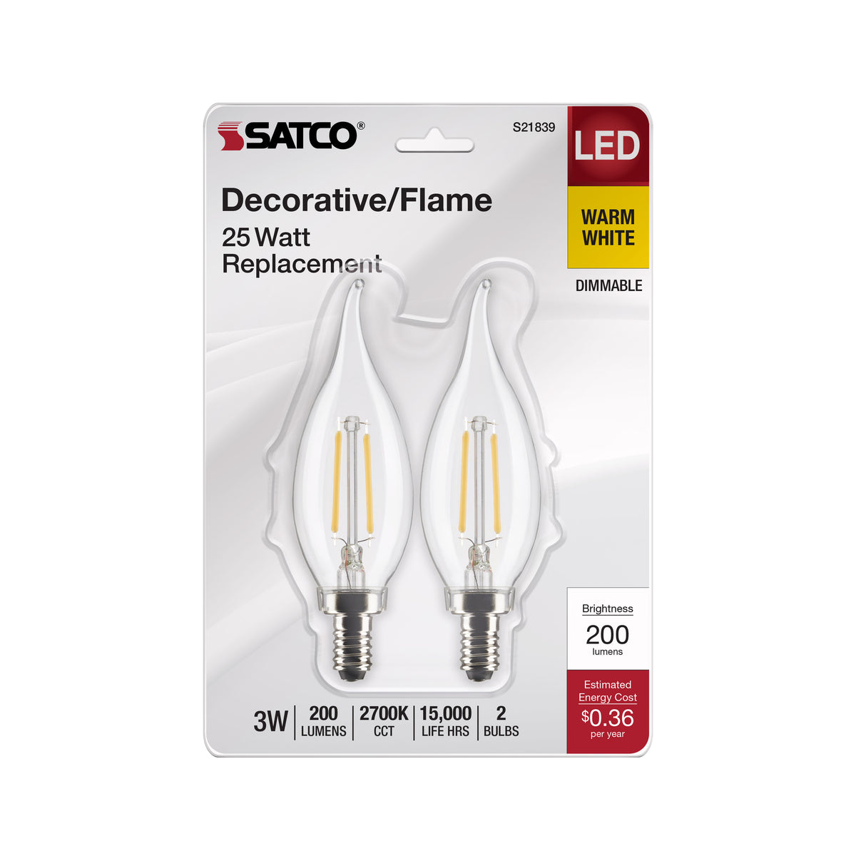 3 Watt CA10 LED Filament - Clear - Candelabra Base - 2700K - 200 Lumens - 120 Volt - 2-Pack