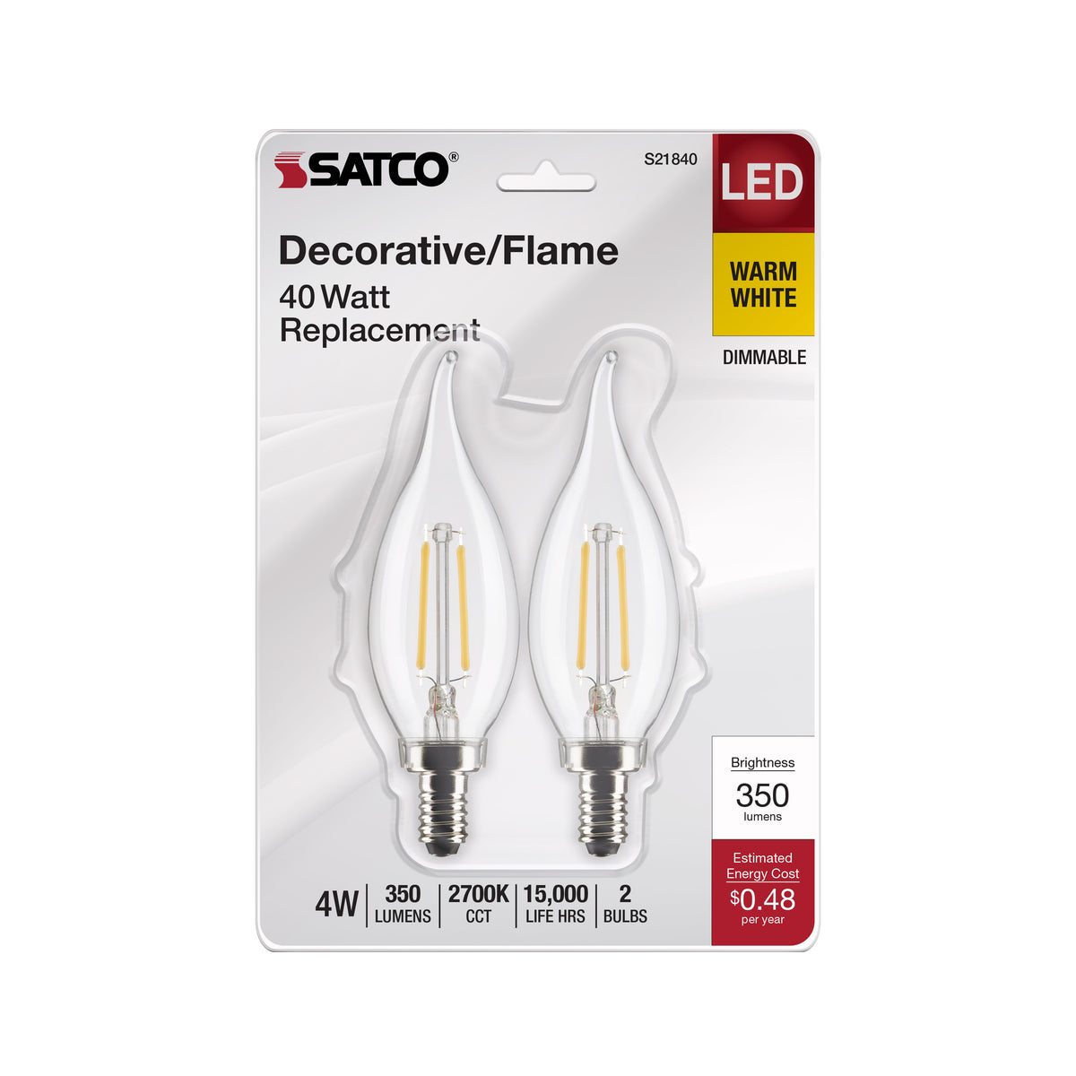 4 Watt CA10 LED Filament - Clear - Candelabra Base - 2700K - 350 Lumens - 120 Volt - 2-Pack