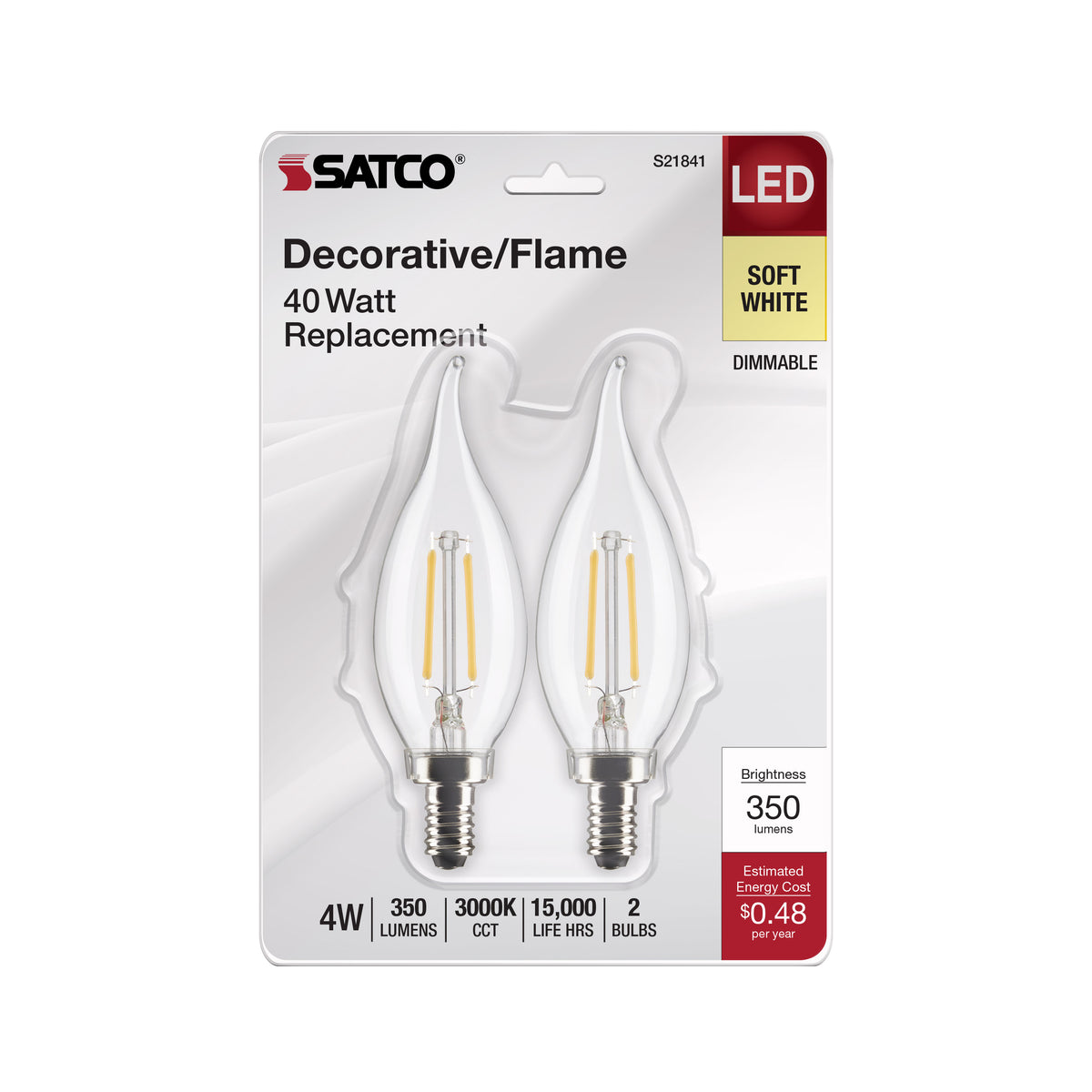 4 Watt CA10 LED Filament - Clear - Candelabra Base - 3000K - 350 Lumens - 120 Volt - 2-Pack