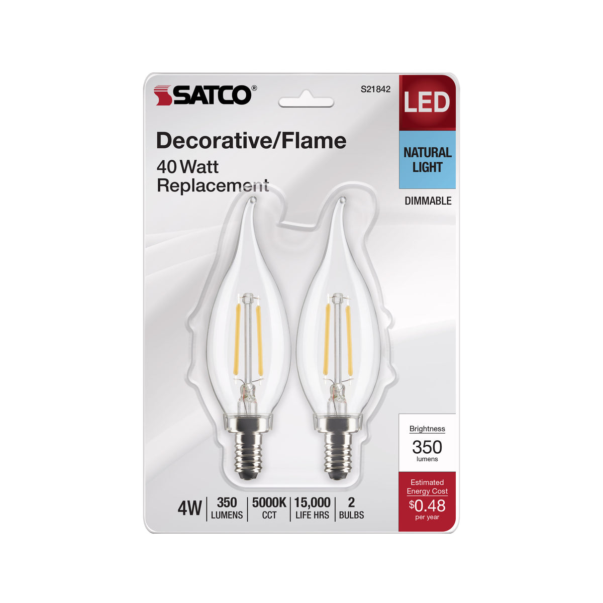 4 Watt CA10 LED Filament - Clear - Candelabra Base - 5000K - 350 Lumens - 120 Volt - 2-Pack