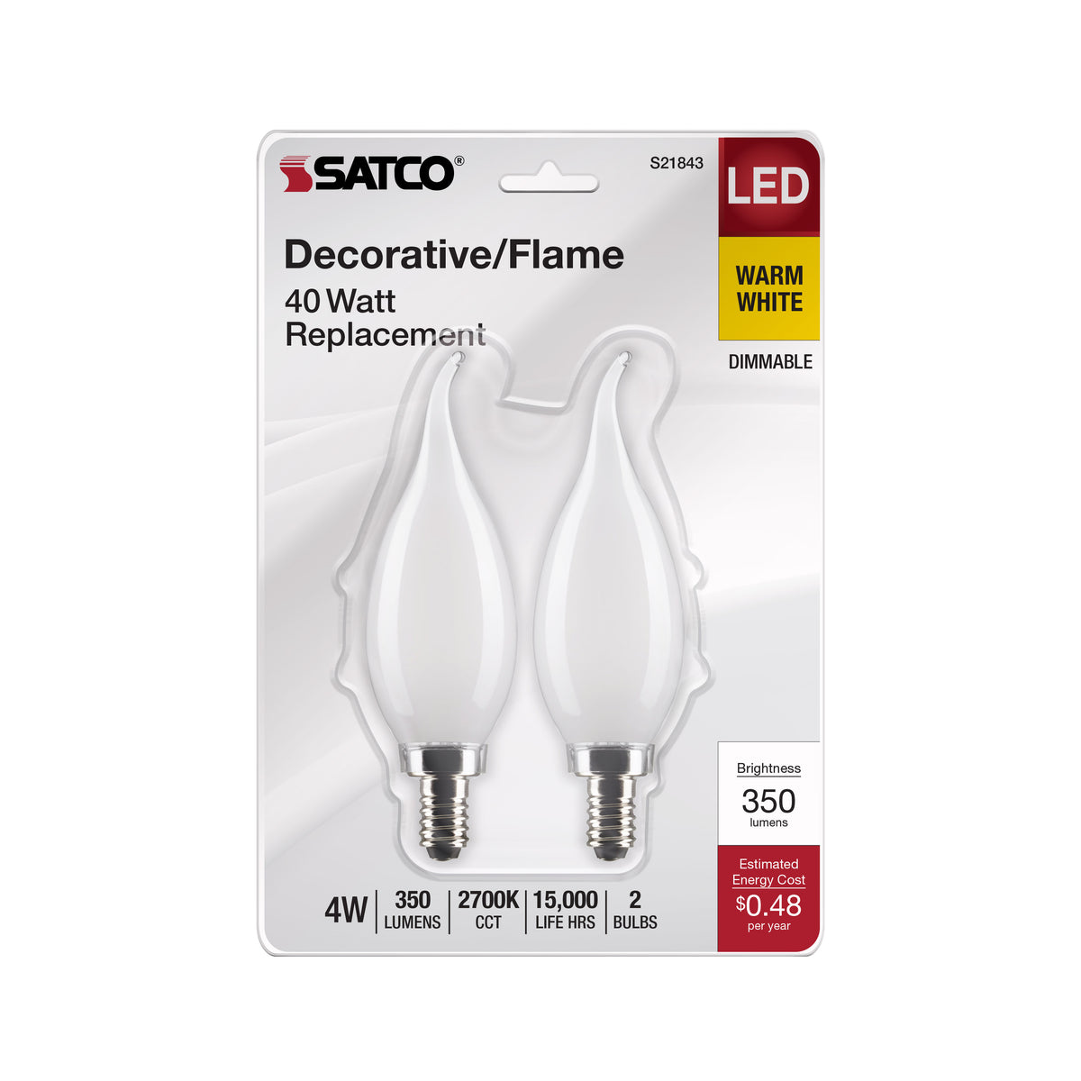 4 Watt CA10 LED Filament - Frosted - Candelabra Base - 2700K - 350 Lumens - 120 Volt - 2-Pack