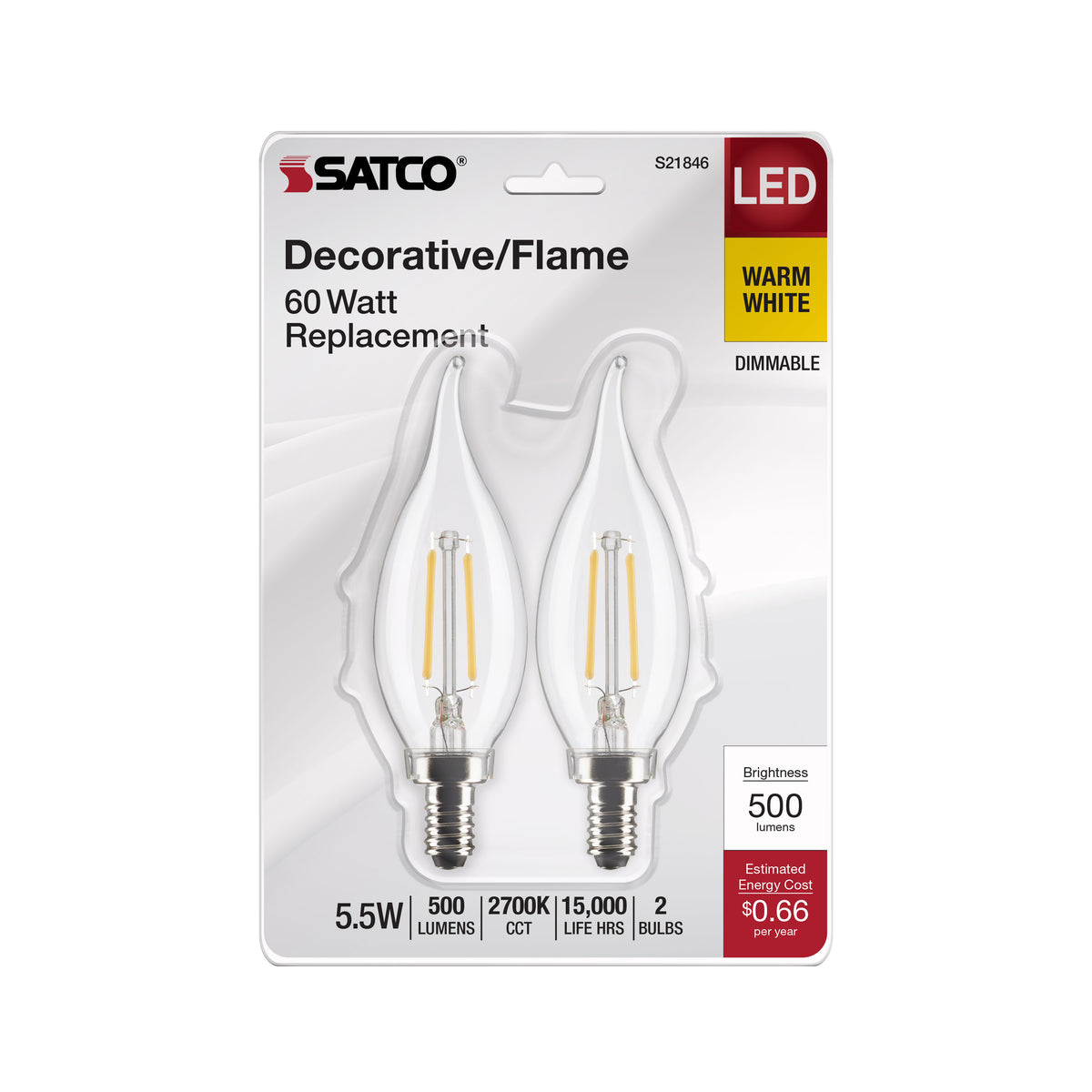 5.5 Watt CA10 LED Filament - Clear - Candelabra Base - 2700K - 500 Lumens - 120 Volt - 2-Pack