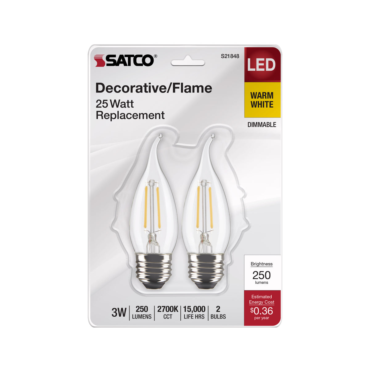 3 Watt CA10 LED Filament - Clear - Medium Base - 2700K - 250 Lumens - 120 Volt - 2-Pack