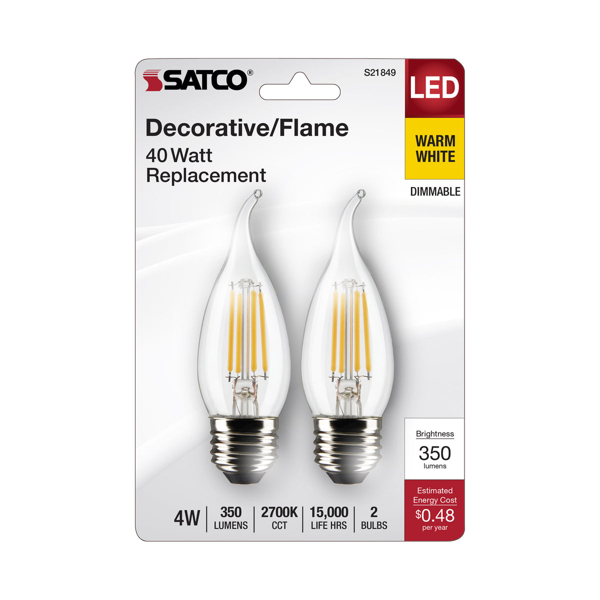 4 Watt CA10 LED Filament - Clear - Medium Base - 2700K - 350 Lumens - 120 Volt - 2-Pack