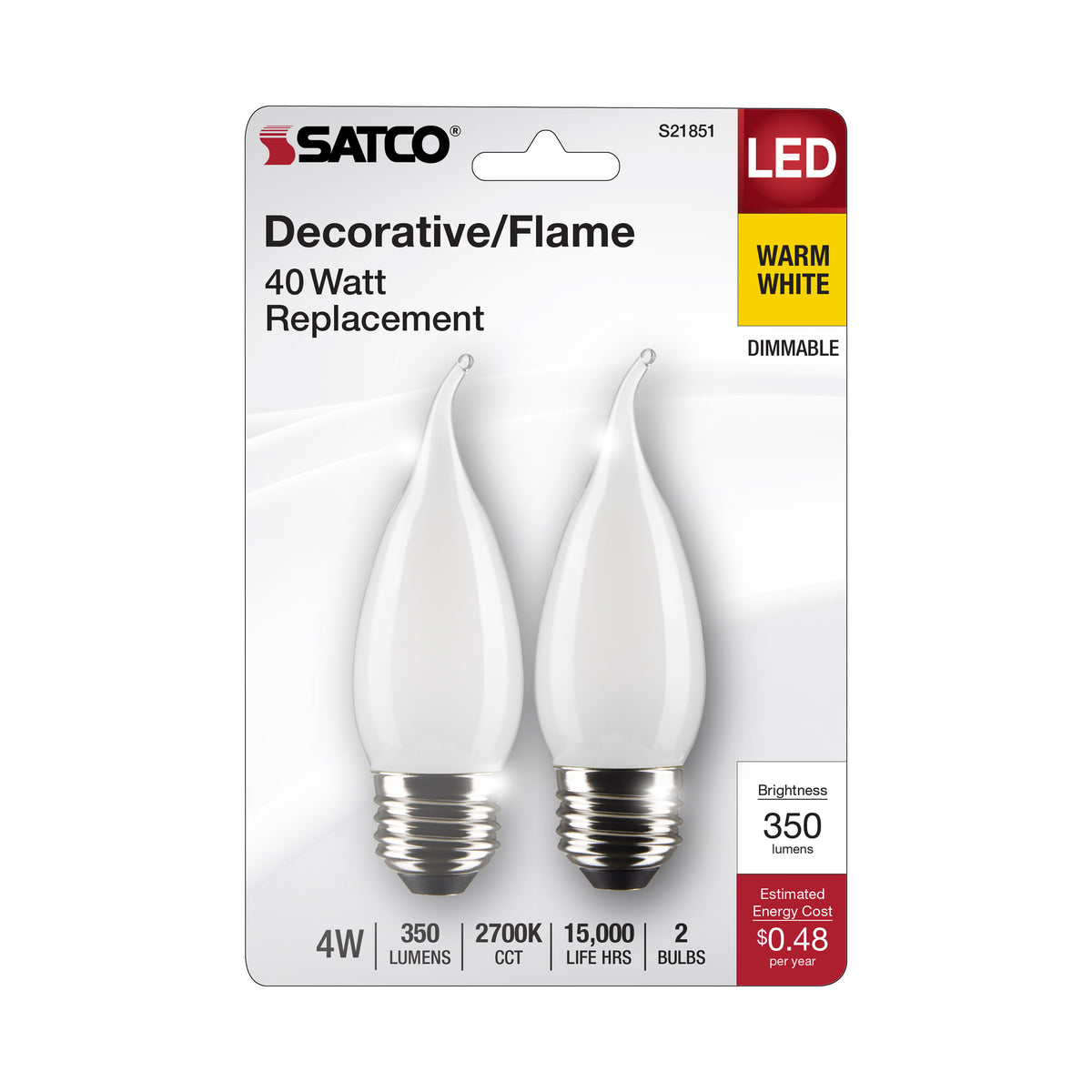 4 Watt CA10 LED Filament - Frosted - Medium Base - 2700K - 350 Lumens - 120 Volt - 2- Pack