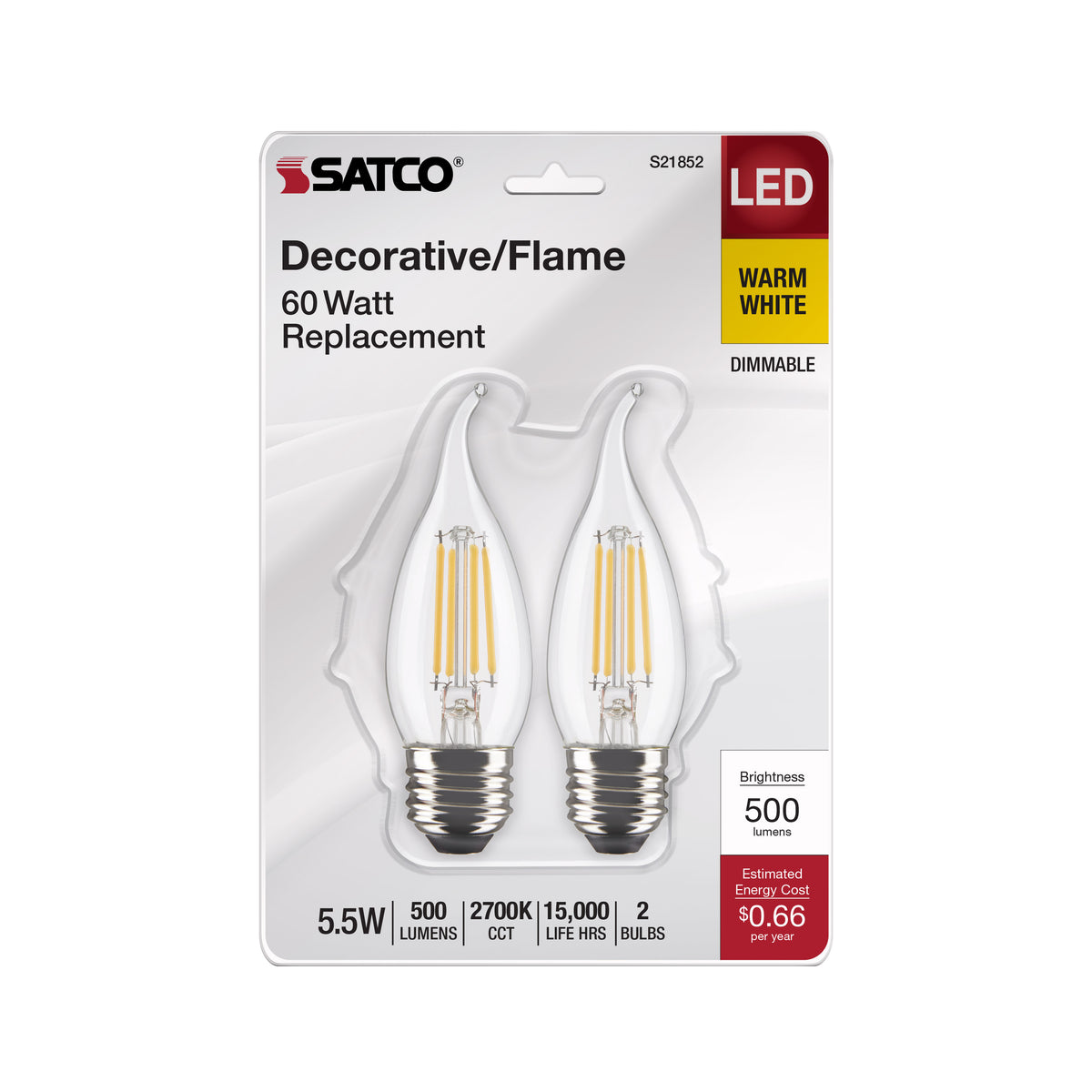 5.5 Watt CA10 LED Filament - Clear - Medium Base - 2700K - 500 Lumens - 120 Volt - 2-Card