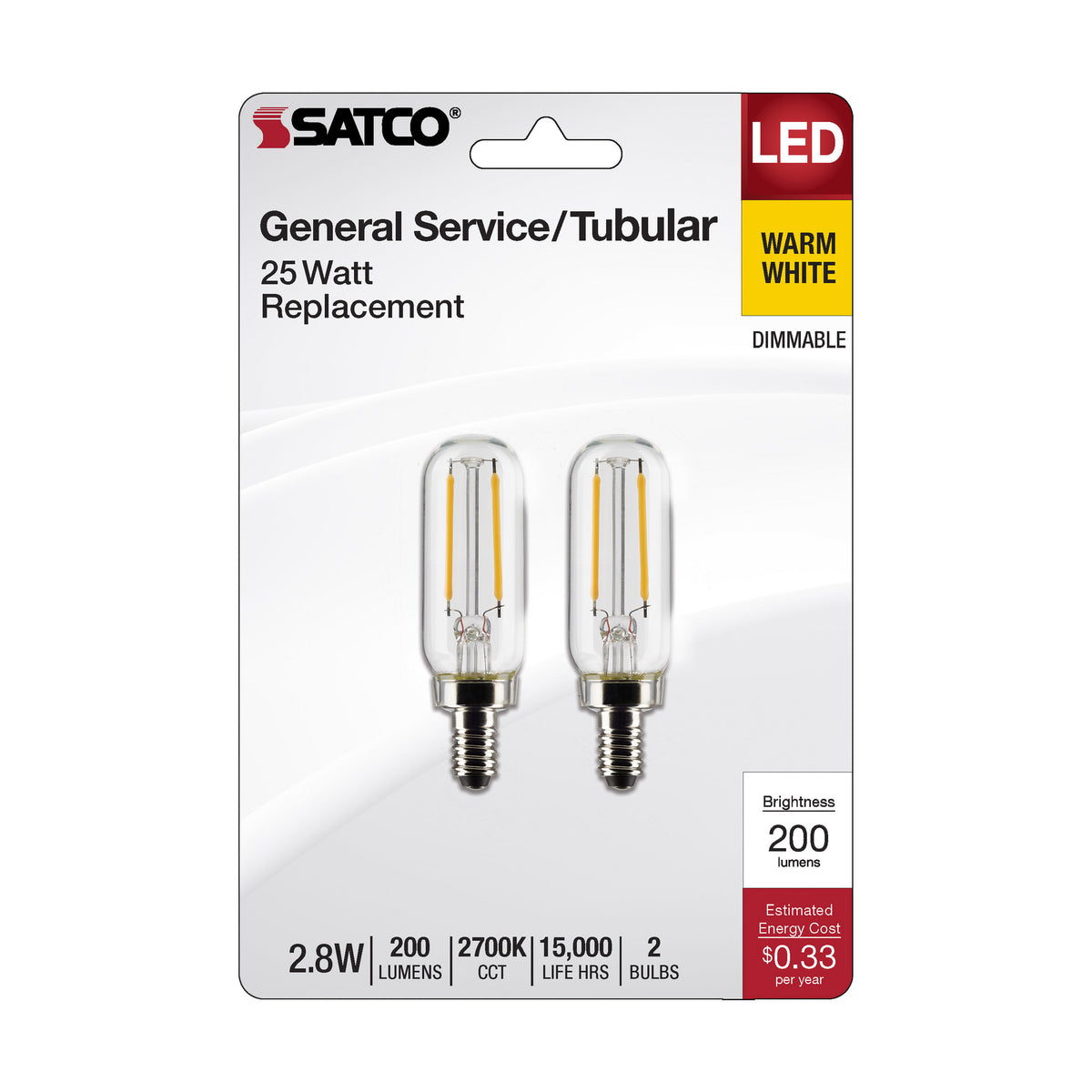 2.8 Watt T6 LED Filament - Clear - Candelabra Base - 2700K - 200 Lumens - 120 Volt - 2-Pack