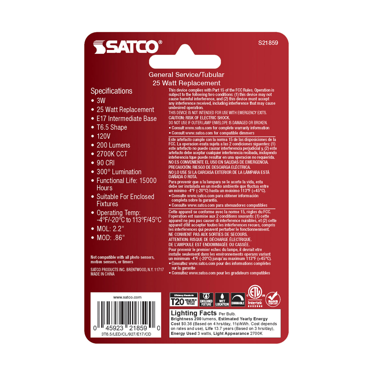 3 Watt T6.5 LED Filament - Clear - Intermediate Base - 200 Lumens - 2700K