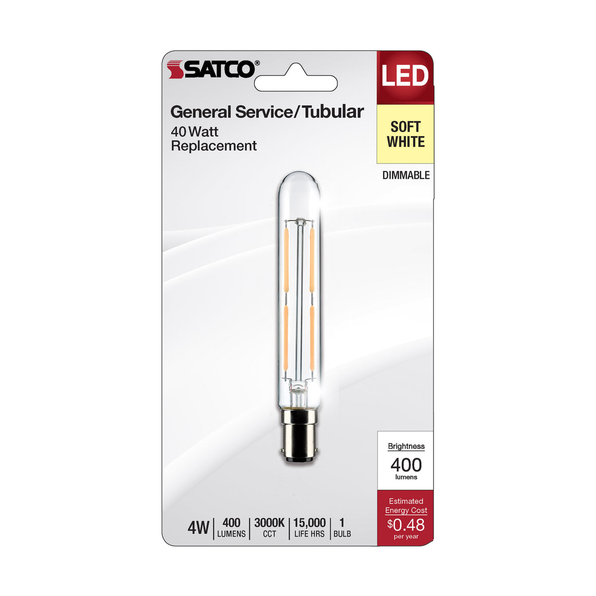 4 Watt T6.5 LED Filament - Clear - Bayonet Double Contact Base - 3000K - 400 Lumens - 120 Volt