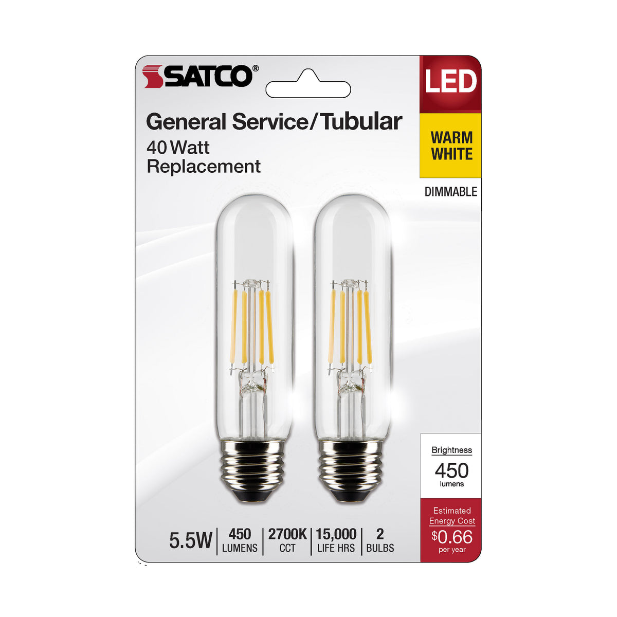 5.5 Watt T10 LED Filament - Clear - Medium Base - 2700K - 450 Lumens - 120 Volt - 2-Pack