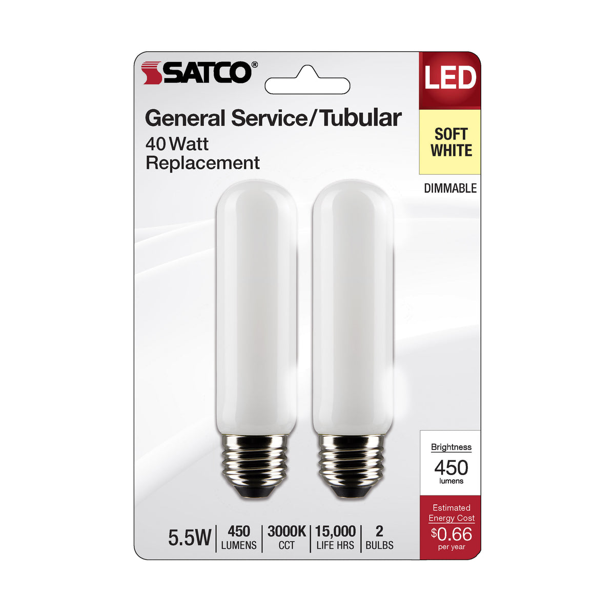 5.5 Watt T10 LED Filament - Frosted - Medium Base - 3000K - 450 Lumens - 120 Volt - 2-Pack