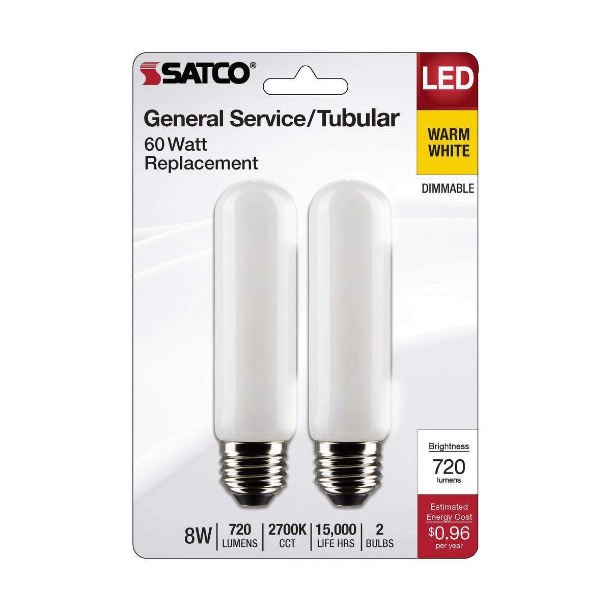 8 Watt T10 LED Filament - Frosted - Medium Base - 2700K - 720 Lumens - 120 Volt - 2-Pack