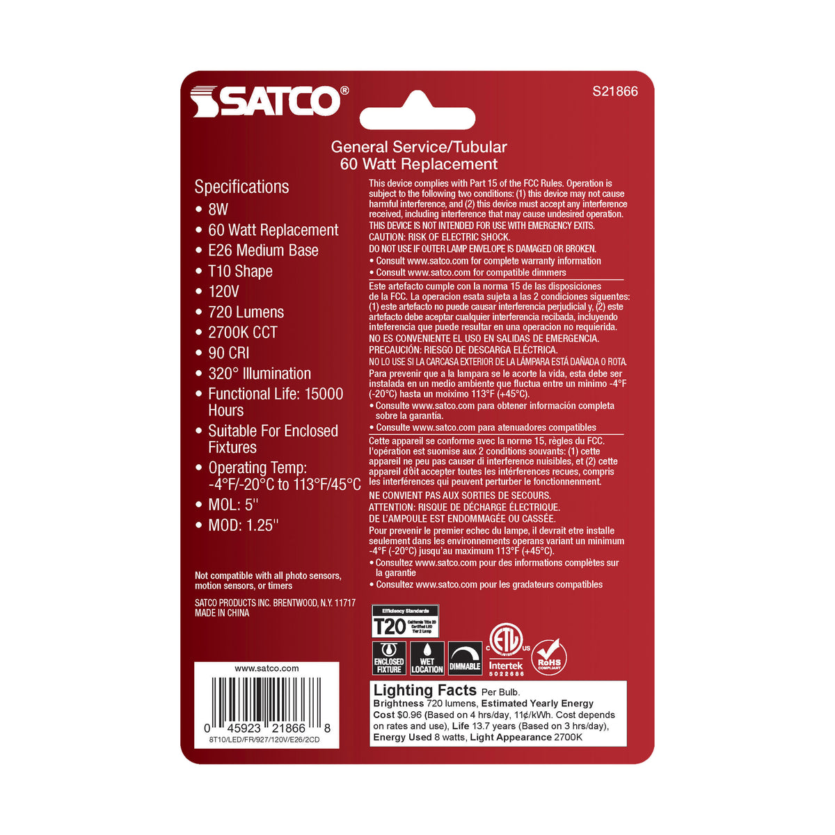 8 Watt T10 LED Filament - Frosted - Medium Base - 2700K - 720 Lumens - 120 Volt - 2-Pack