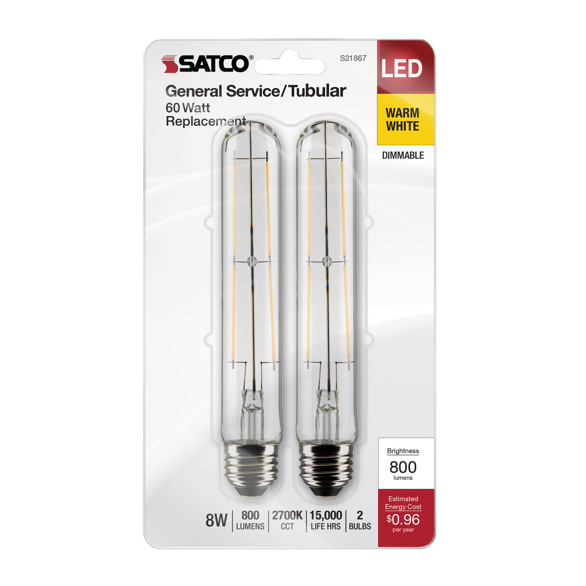 8 Watt T9 LED Filament - Clear - Medium Base - 2700K - 800 Lumens - 120 Volt - 2-Pack