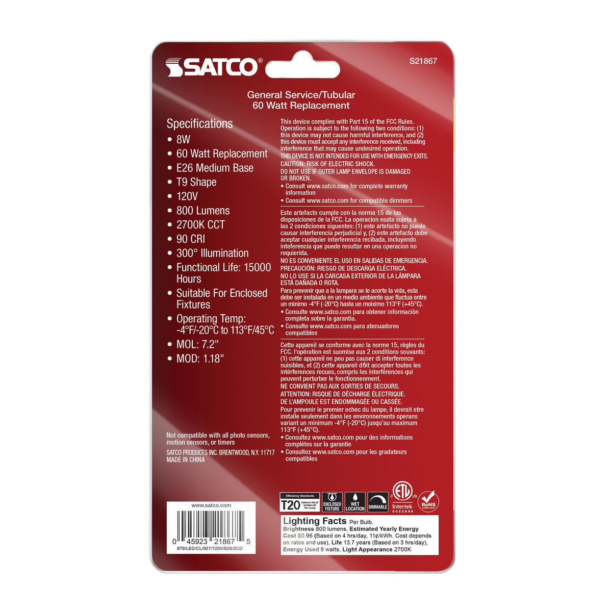 8 Watt T9 LED Filament - Clear - Medium Base - 2700K - 800 Lumens - 120 Volt - 2-Pack