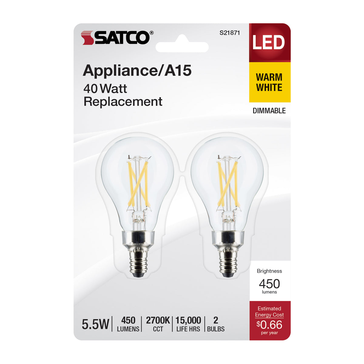 5.5 Watt A15 LED Filament - Clear - Candelabra Base - 2700K - 450 Lumens - 2-Pack
