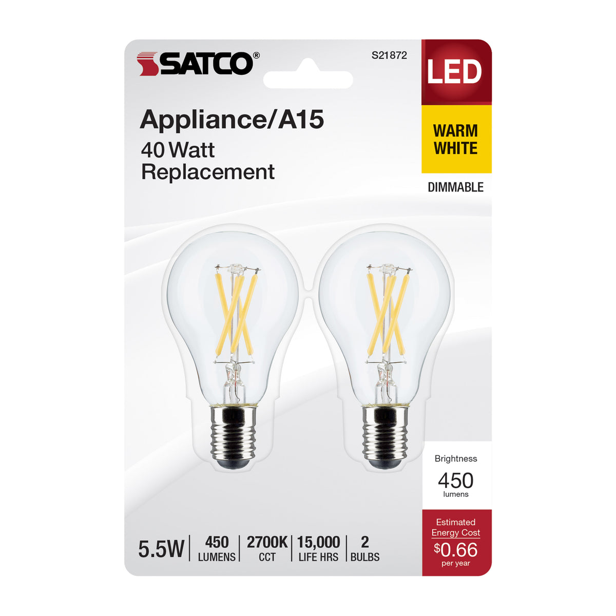 5.5 Watt A15 LED Filament - Clear - Intermediate Base - 2700K - 450 Lumens - 2-Pack