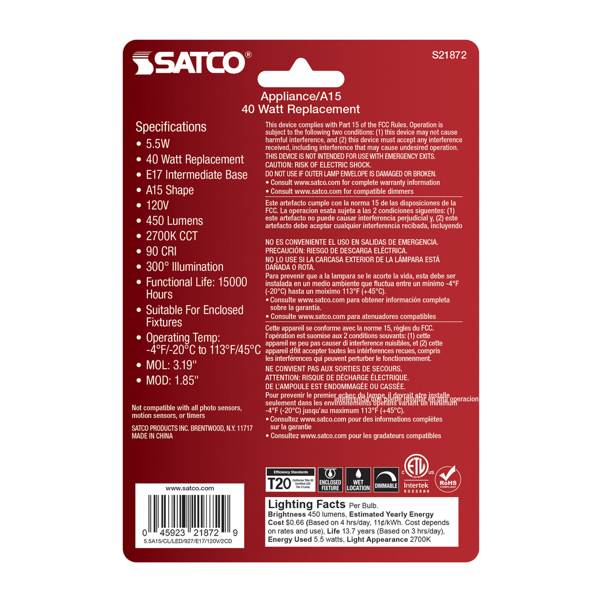 5.5 Watt A15 LED Filament - Clear - Intermediate Base - 2700K - 450 Lumens - 2-Pack