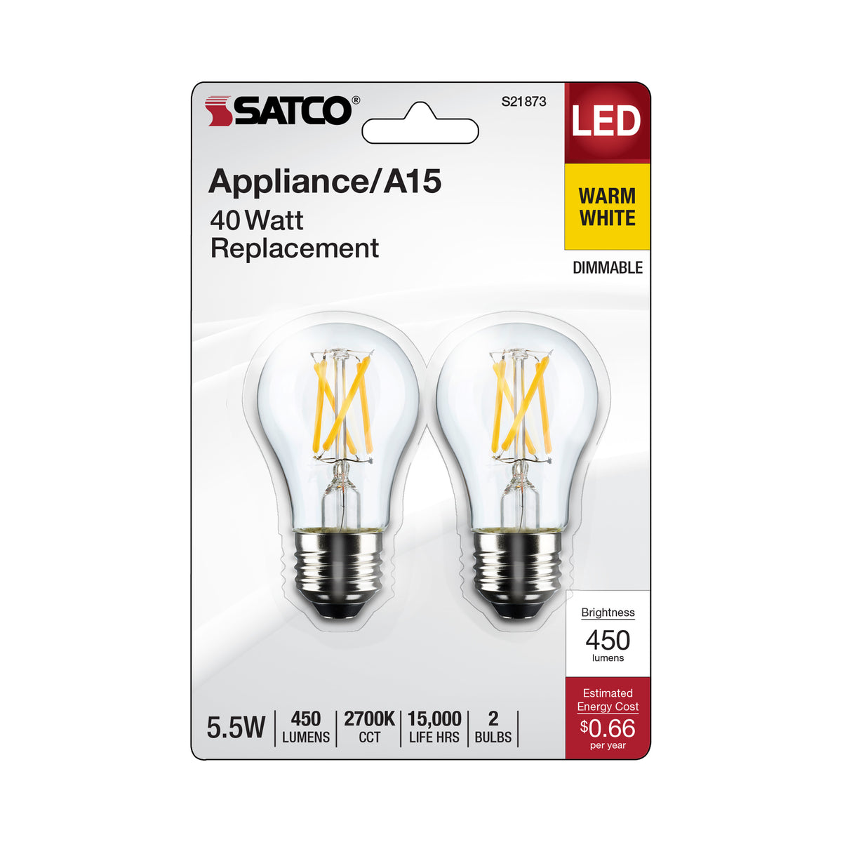 5.5 Watt A15 LED Filament - Clear - Medium Base - 2700K - 450 Lumens - 2-Pack