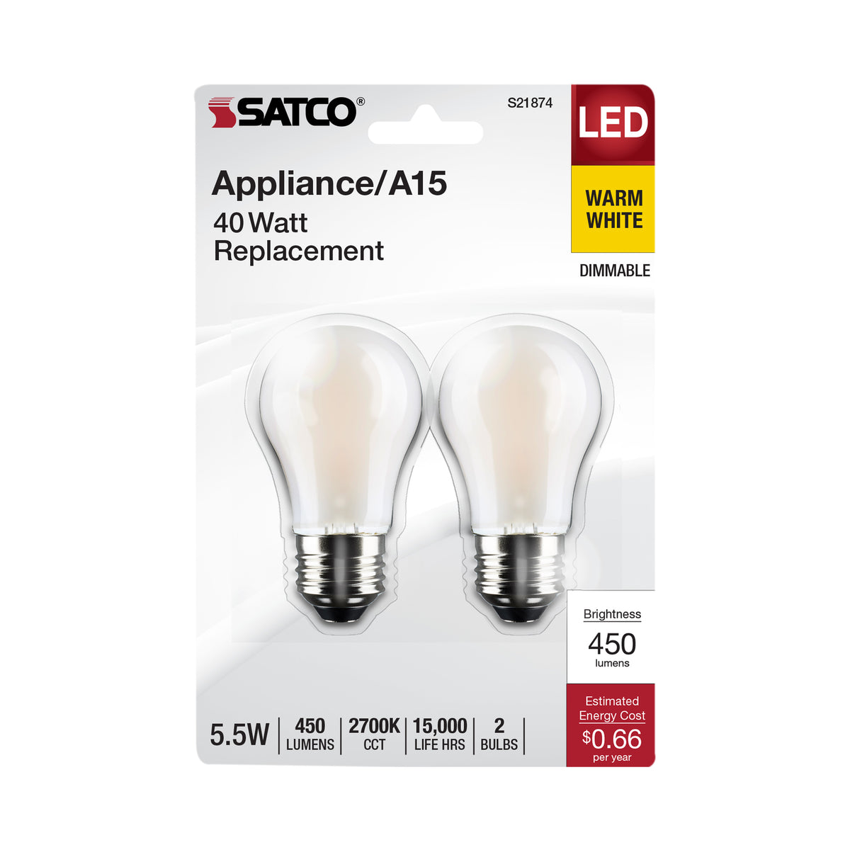 5.5 Watt A15 LED Filament - Frosted - Medium Base - 2700K - 450 Lumens - 2-Pack